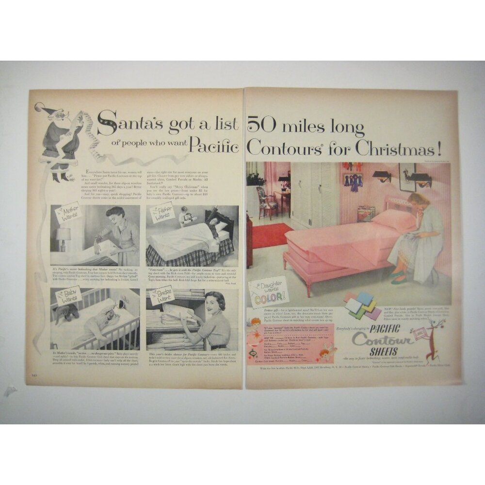 Pacific Contour Sheets Vintage 1953 Print Ad Santas List 2 Page Christmas Bedroo